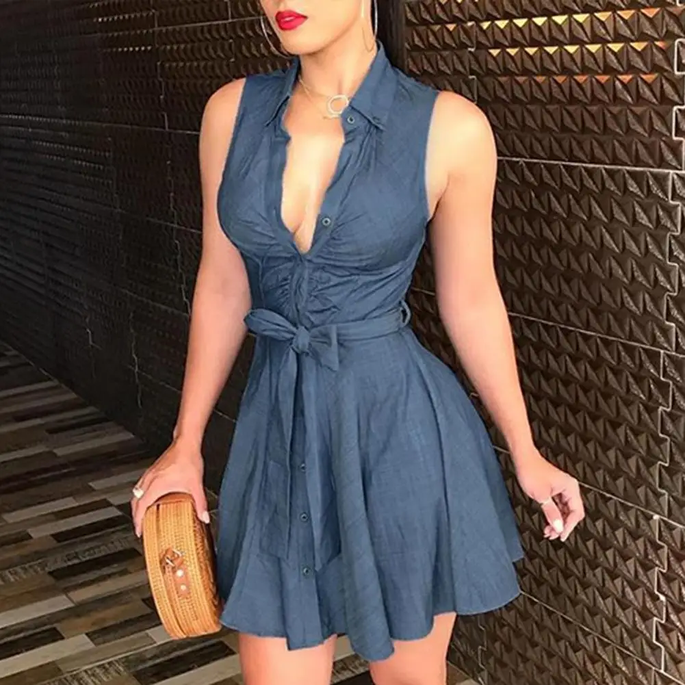 

Women Vintage V Neck Sleeveless Polka Dots Floral Print Belt Party Mini Dress