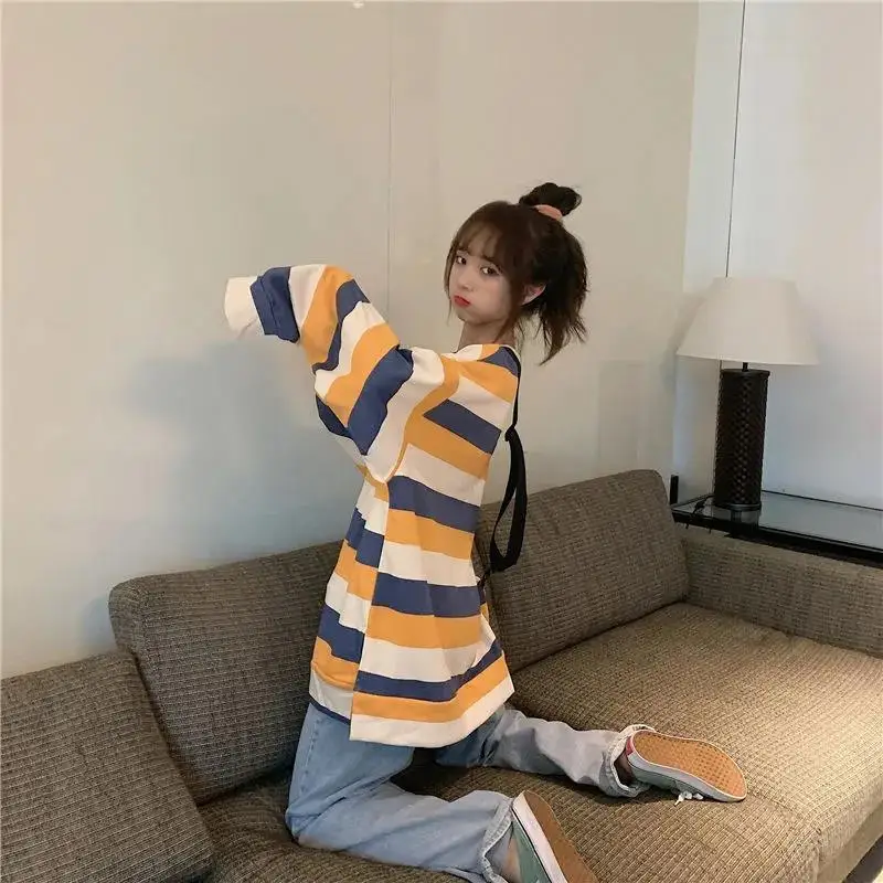 Women Sweetshirts Striped Autumn Korean Fashion Loose New L`ong-sleeved Shirt Harajuku Round Neck Pullover Y2k Kawaii Clothes
