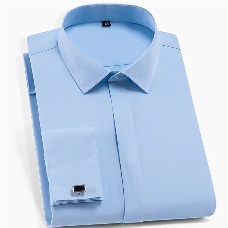 

Men's Shirts Men's Business Casual Formal Shirts High Quality French Double-layer Placket Concealed Button-Free Slim Fit Shirts