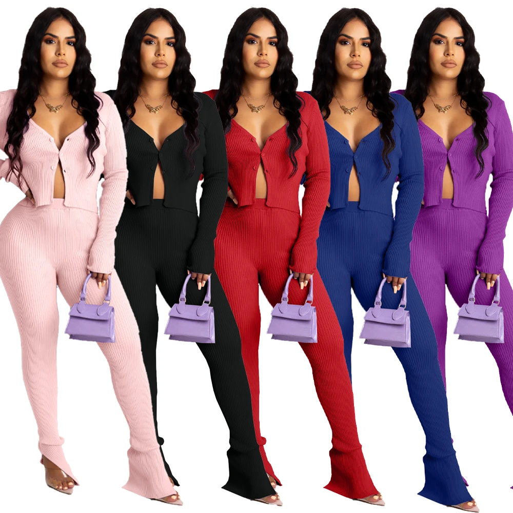 

Женский комплект из двух предметов, однотонный топ с длинным рукавом и V-образным вырезом, расклешенные брюки с высокой талией, Модные осенн...