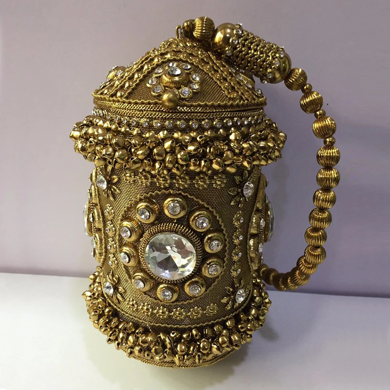 Antique gold DOYUTIG, индийский стиль, женские клатчи ручной работы из бисера и металла, Классические вечерние сумки, свадебные стразы, сумки через плечо с бусинами F692 - Цвет: Antique gold