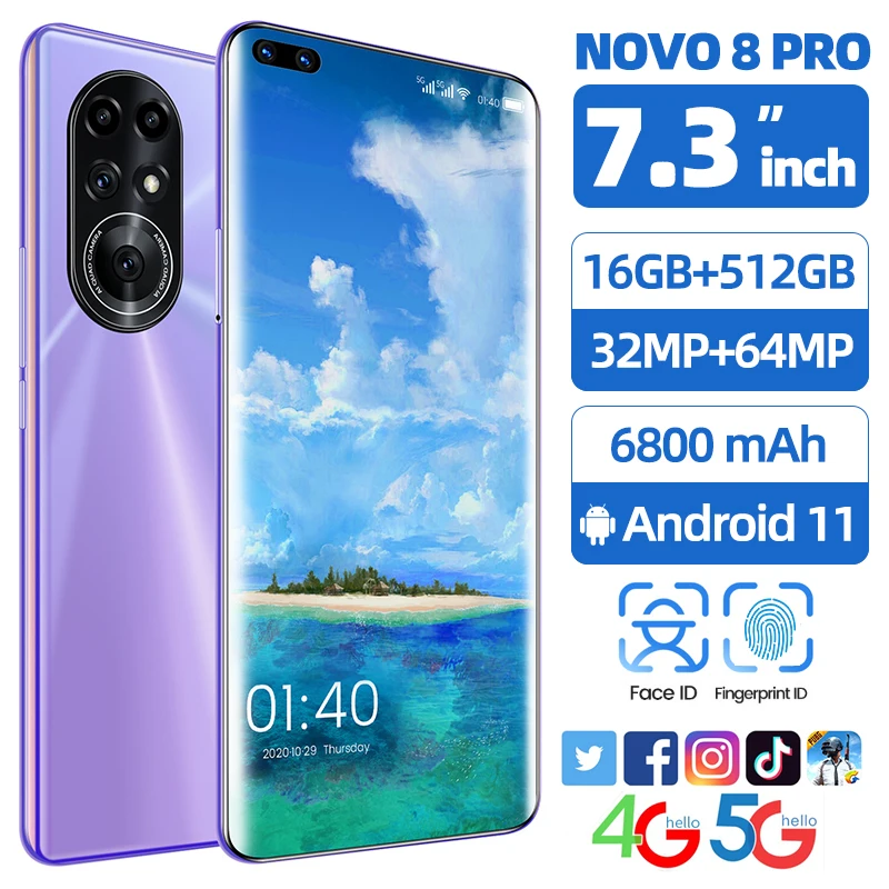 Смартфон Novo 8 Pro 7 3 дюйма 16 + 512 ГБ Android 10 0 32 64 мп 6800 мАч|Смартфоны| |