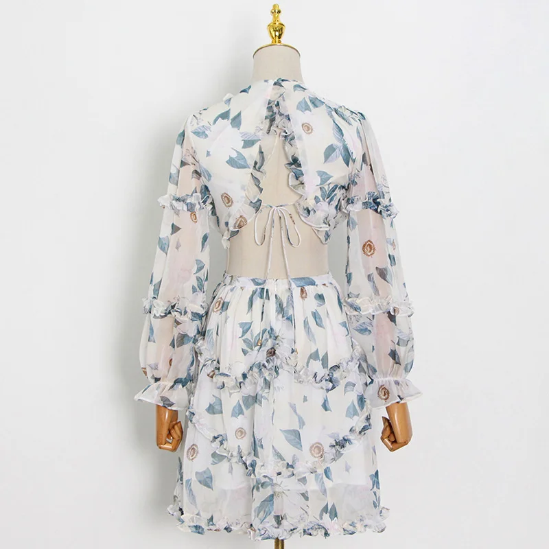 

SeeBeautiful Print Stitching Loose Mini Dress V-neck Lantern Sleeve Sexy Hollow Exposed Back Women Summer 2021 New Fashion G022