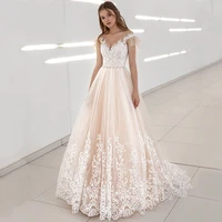 charming v neck a line wedding dress 2021 custom made court train appliques lace sleeveless bridal gowns