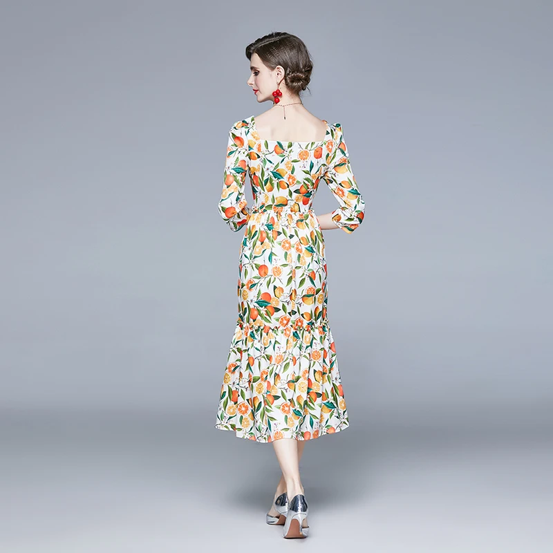 

Simgent Long Dress Women Square Collar Ruffles Orange Print Midi A Line Elegant Party Dress Vestidos Robe Femme SG011182