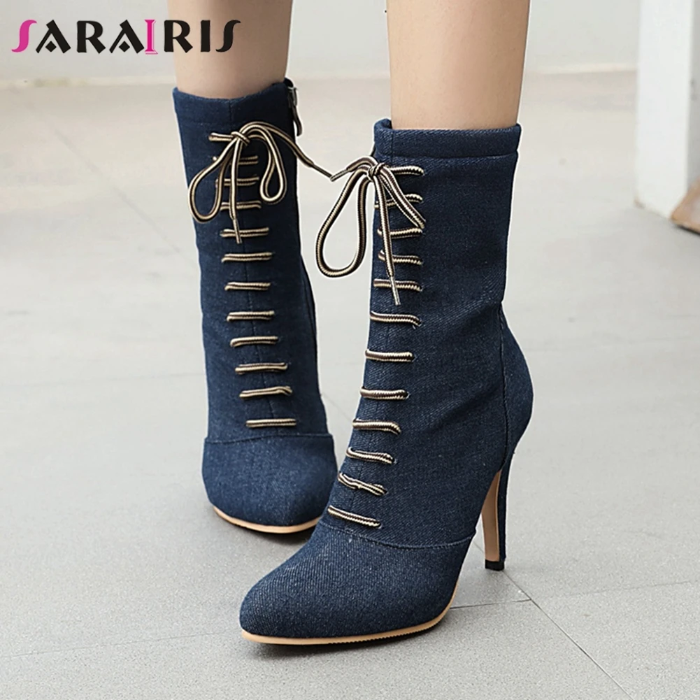 

SARAIRIS» размера плюс 33-50 женские 2020 осень женские зимние ботинки из джинсовой ткани с Женские ботильоны с острым носком на тонком каблуке, с мо...