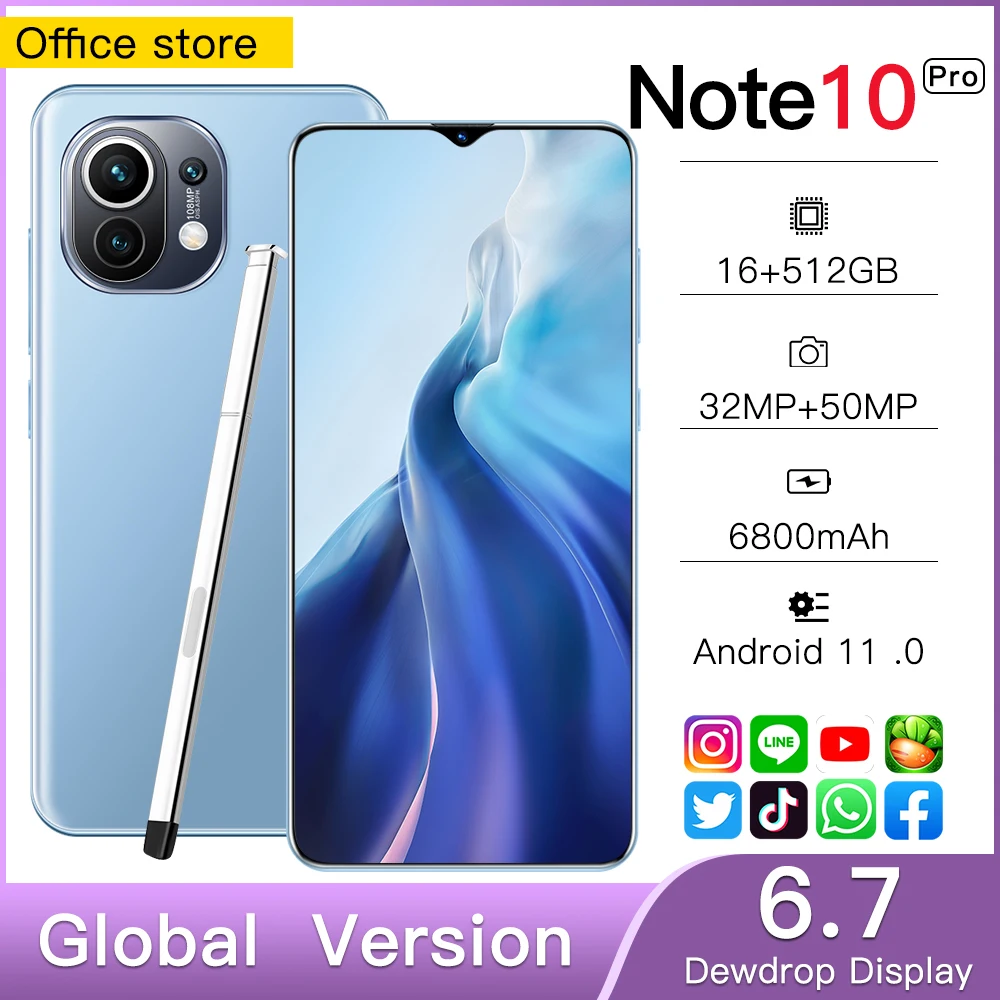 Смартфон глобальная версия 6 7 дюйма Note 10 Pro 16 + 512 ГБ Android 11 аккумулятор 6800 мАч