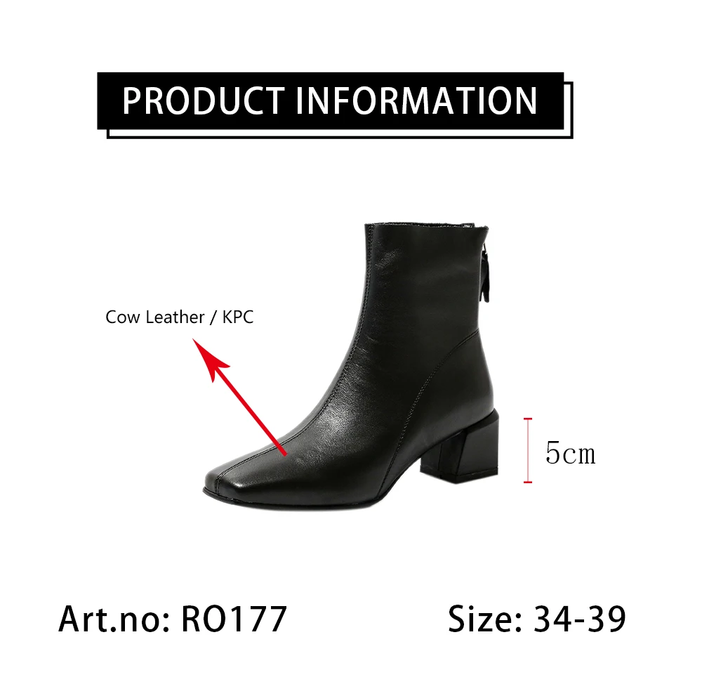 

RJN Stylish Solid Color Women Boots High-Quality Cow Leather Classic Little Square Toe Low Heel Women Shoes Autumn Boots RO177