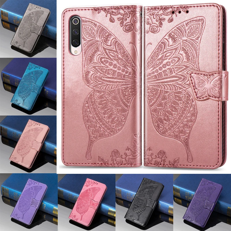 Кожаный чехол бумажник с бабочкой для Xiaomi 8 9 SE 9T Pro A2 A3 lite F1 Play Redmi 5 Plus 6 6A 7 7A Note