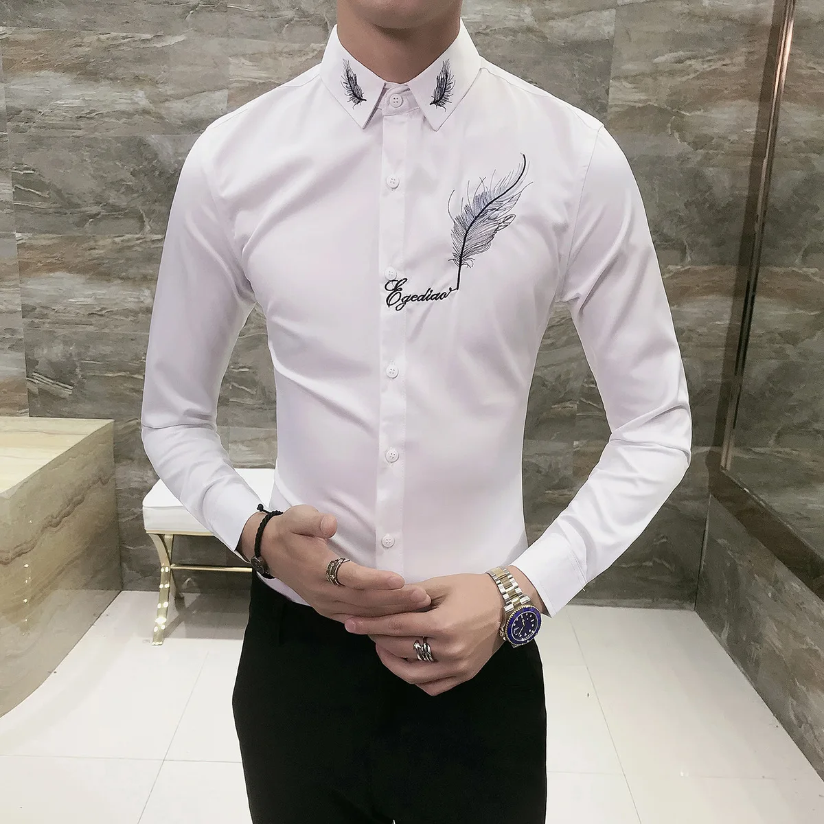 Модные мужские вечерние рубашки, мужские рубашки с длинным рукавом Camisa Social Masculina, мужские черные белые Клубные рубашки с вышивкой