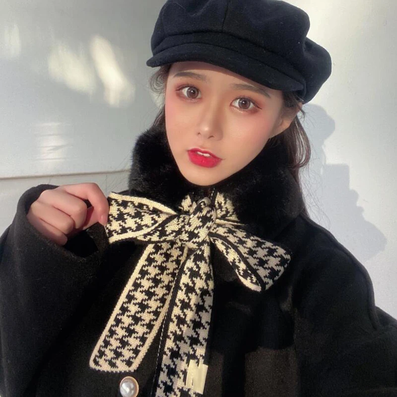 

Новинка 2021, длинный узкий вязаный крючком шарф в клетку с зимним теплым воротником из искусственного меха, шарфы для женщин, элегантный тепл...