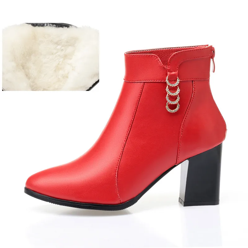 wool red AIYUQI женские ботильоны натуральной телячьей кожи Модные женские ботинки красного цвета с заостренным носком, со стразами на высоких каблуках зимние Свадебный ботинок - Цвет: wool red