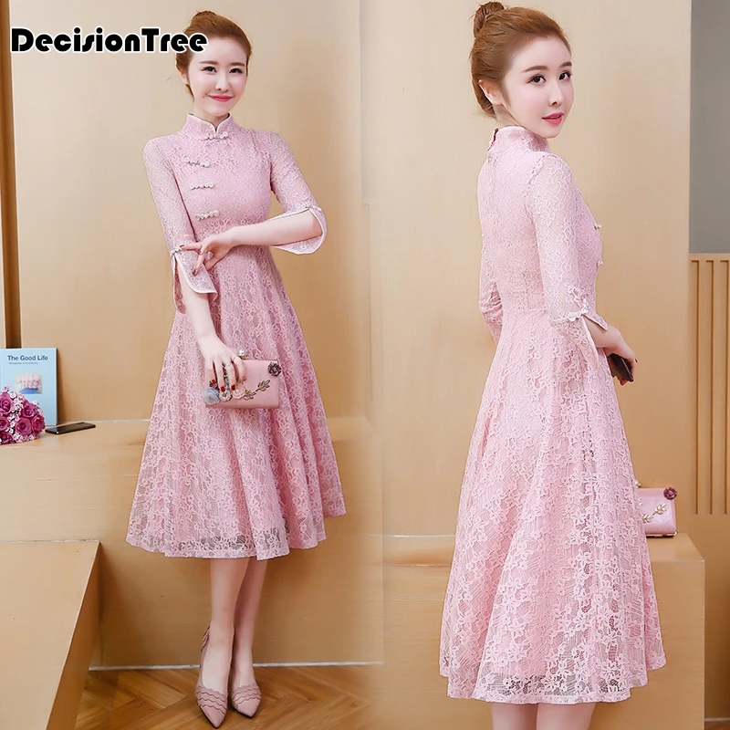 aodai cheongsam Восточная одежда кружевное платье ao dai короткое Кружевное платье для женщин вьетнамское платье Ципао китайское платье