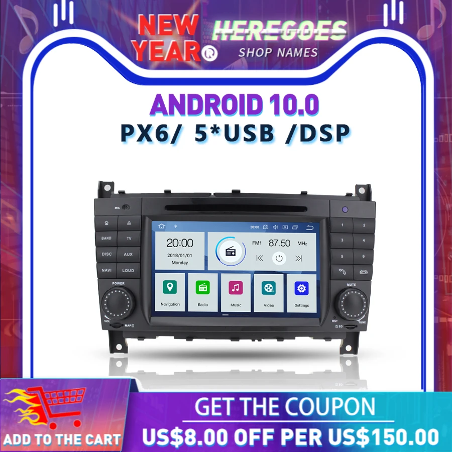 Автомобильный DVD плеер PX6 DSP Android 10 0 4 Гб + 64 GPS Bluetooth 5 Wifi RDS радио для Benz W203 S203 C180 C200 C209
