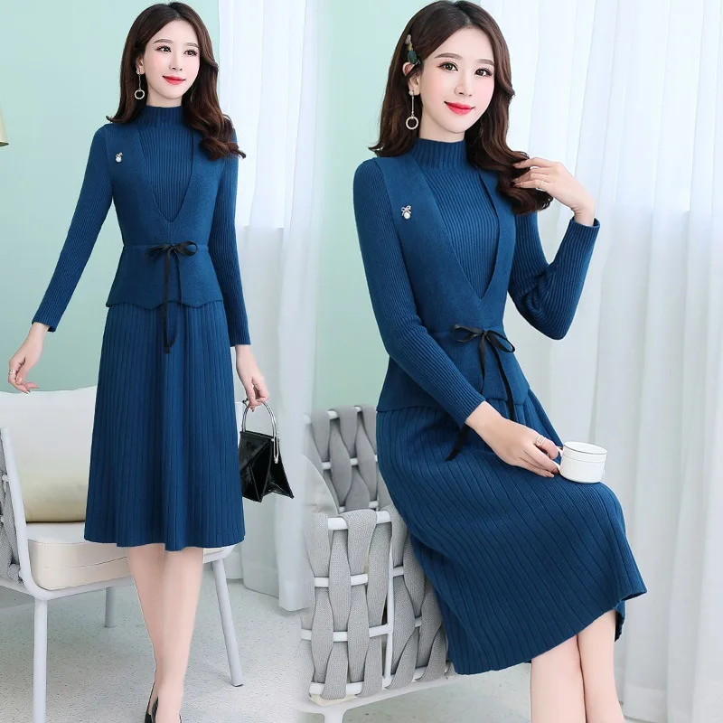 Женский офисный комплект из двух предметов элегантное вязаное платье-свитер с