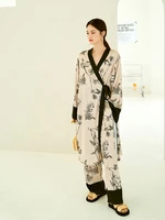 maison gabrielle 2021 fall chinoiseire printed kimono pants pajamas set loungewear sleepwear for women 2 pieces long sleeve silk