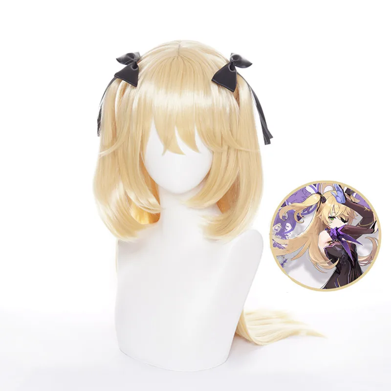 

Genshin Impact Fischl Cos Wig Girl Wig High Temperature Wire Golden One Double Ponytail Anime Any Face Game Role Playing