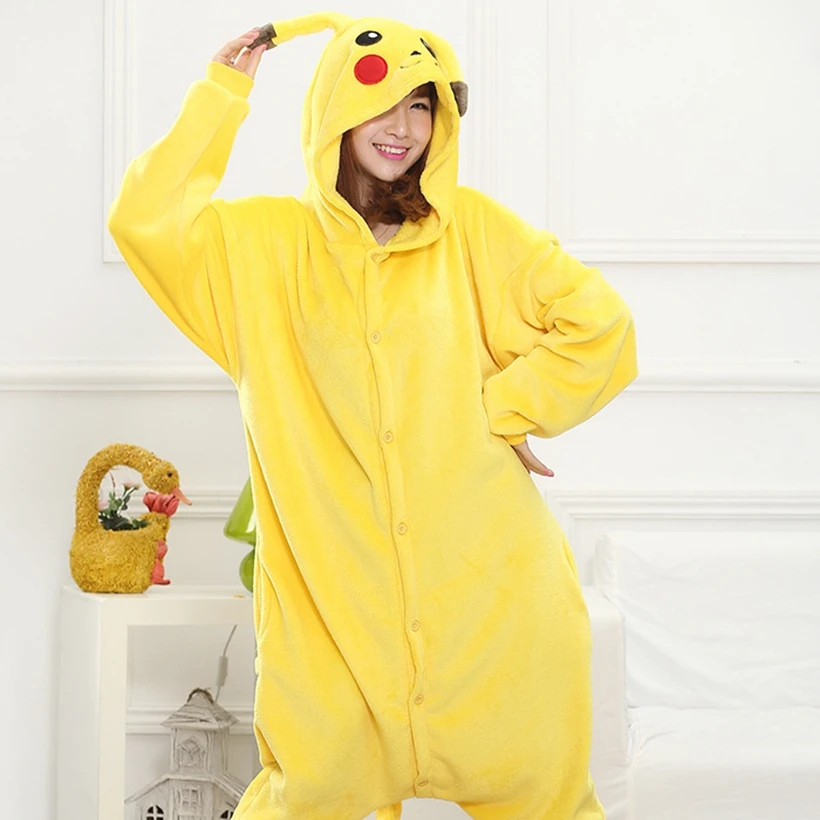 Adults Animal Pajamas Sets Cartoon Sleepwear Cosplay Zipper Women Men Winter Unisex Flannel Yellow Anime Pijamas