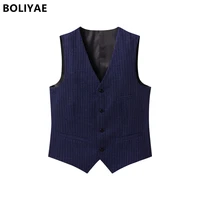 boliyae casual business slim mens suit vests black blue stripe sleeveless jacket top male chaleco hombre waistcoat gilet homme