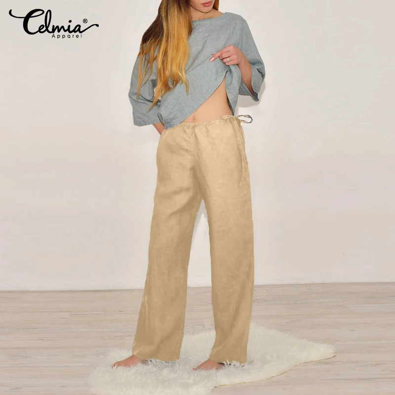 

Celmia 2021 Fashion Women Wide Leg Pants Summer Ladies Casual Drawstring Work Trousers Solid Pockets Long Pantalon