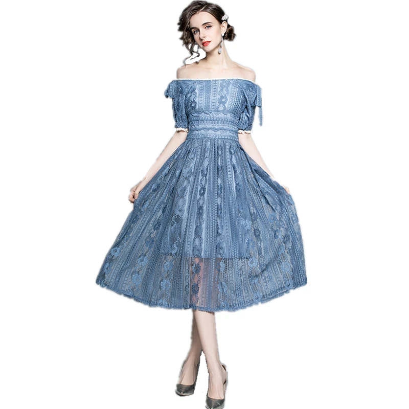 

LUKAXSIKAX 2021 New Summer Women Sexy Off Shoulder Short Sleeve Slim Long Dress Court Style Elegant Vintage Lace Dress