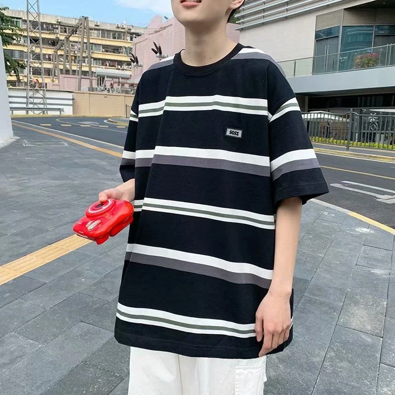 

Striped Short-sleeved T-shirt Summer Loose Half-sleeved Labeling Round Neck Tops Loose Casual Bottoming Shirt 3 Colors T-shirts