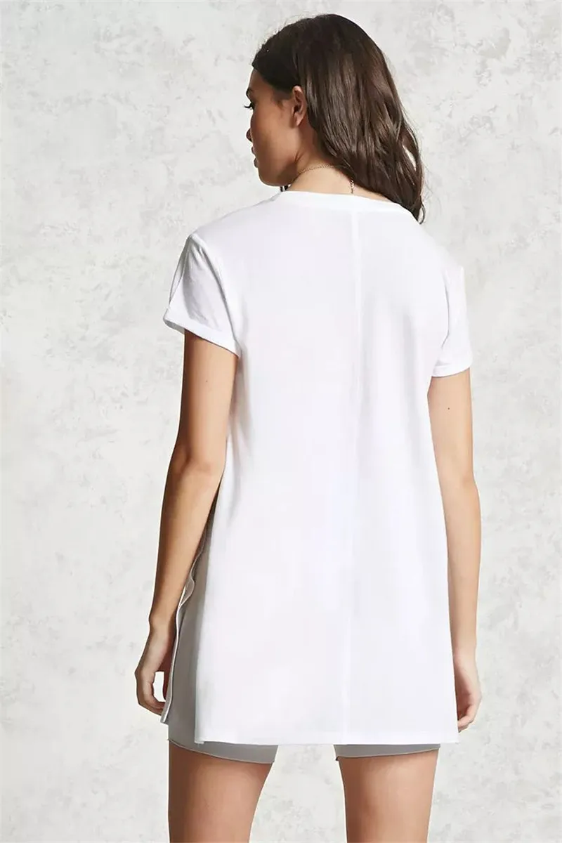 Personalized customization European and American Women's New Blouse Fashion Casual Round Neck Long Side Slit t Shirt Custom Logo | Женская
