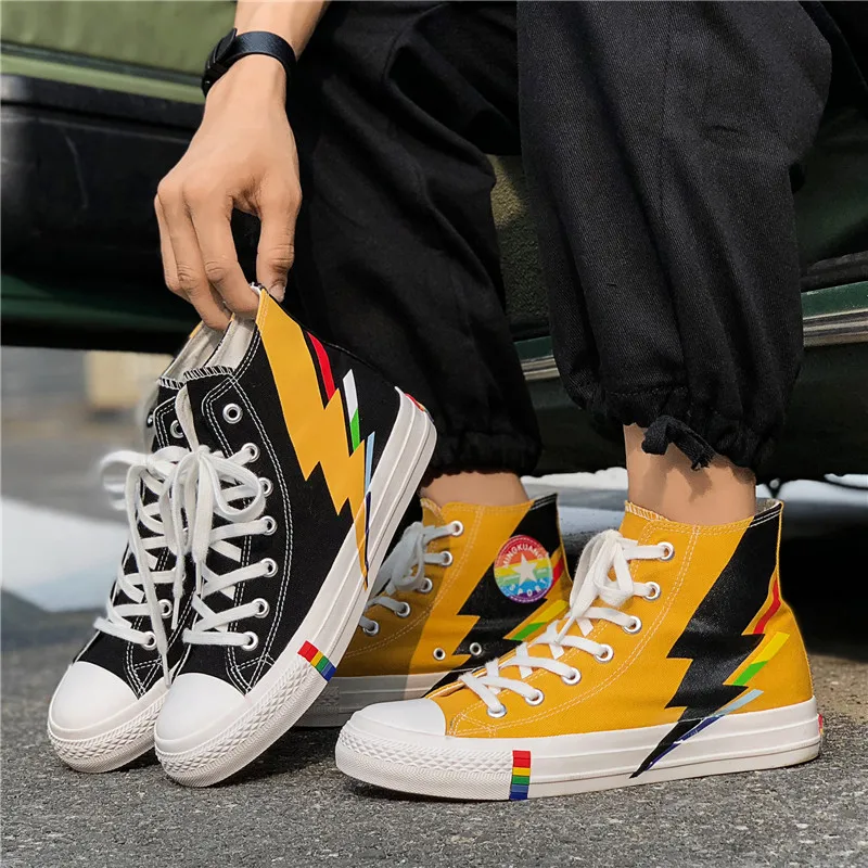 

New Fashion Rainbow Hip-hop Men Canvas Shoes Casual Espadrille Black Printed High top Canvas Sneakers Men zapatillas lona hombre