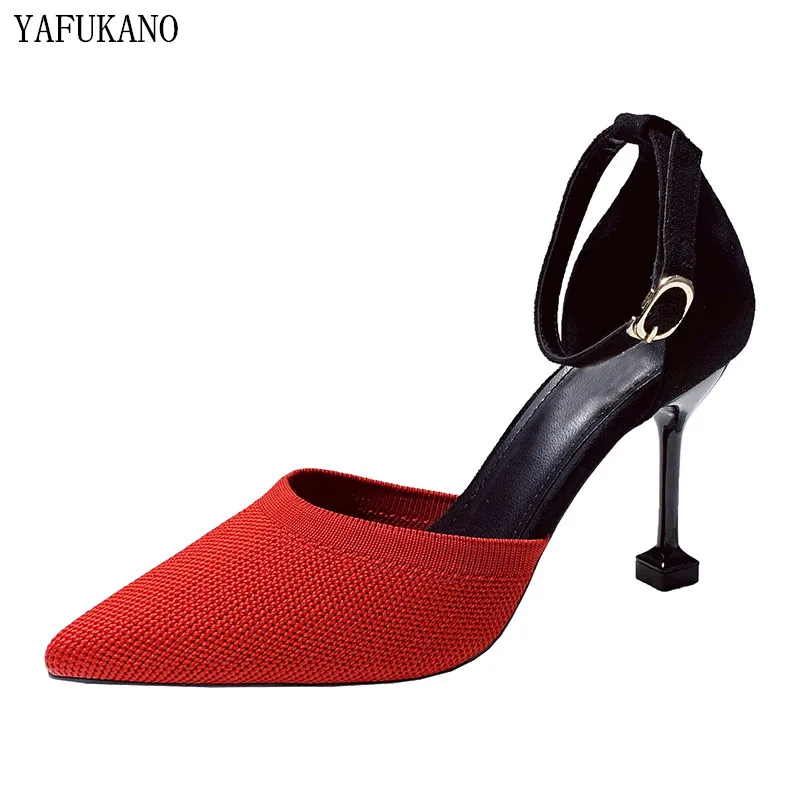 

Women High heels Knitted Red High-heeled 8.5cm Female Classic Pointed Black Ladies Gril Dress Party Shoes