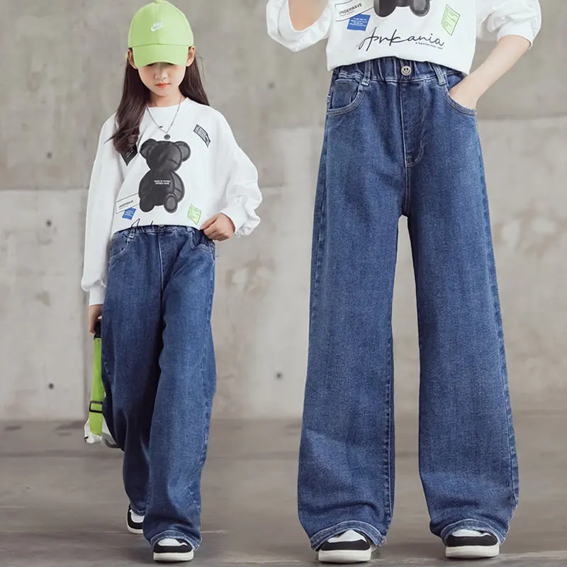 

New Autumn Teen Girls Jeans High Waisted Wide Leg Pants Children's Loose Korean Blue Denim Pants Casual Style Trousers Clothes
