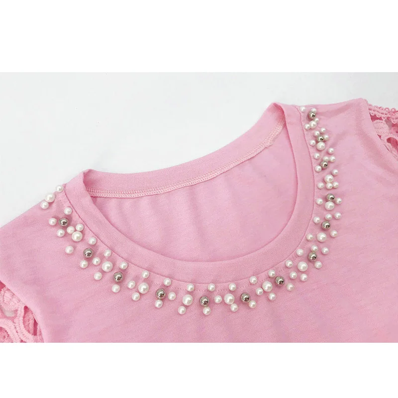 

Women Summer Pencil Dresses Casual Hollow Out Lace Short Sleeve O-Neck Beading High Waist Slim Hip Mini Dress Ladies Party Dress