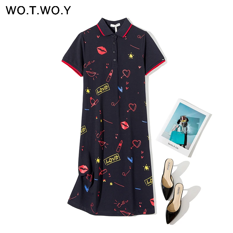 WOTWOY повседневное милое платье поло для женщин из хлопка с принтом свободные