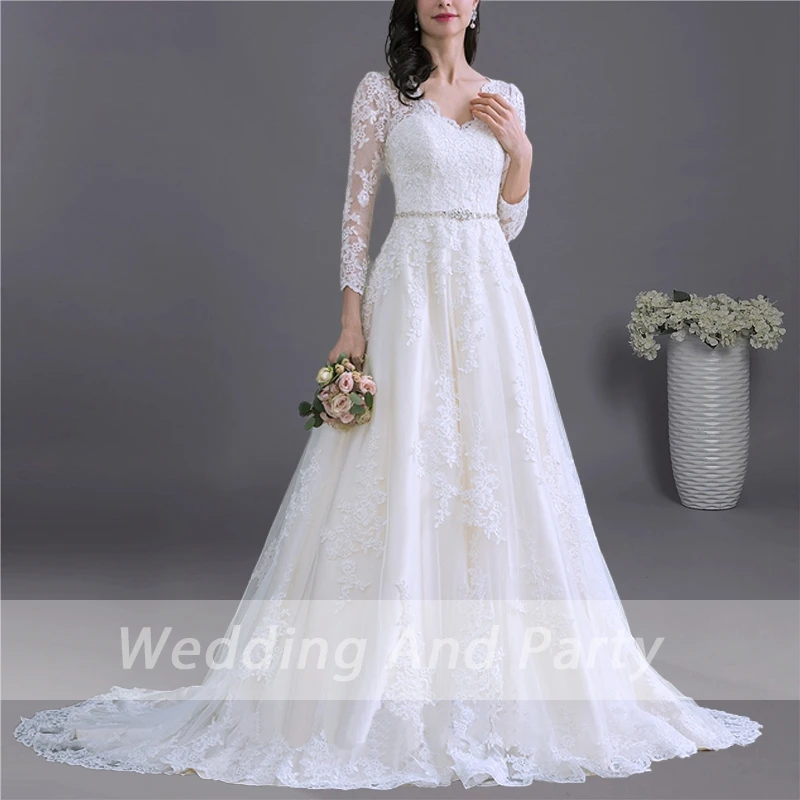 

Bridal Wedding Dress V neck long Sleeve wedding Dress A line White