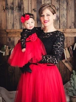 long sleeve lace black and red mother daughter dresses vintage black red mom kids christmas festival dresses custom