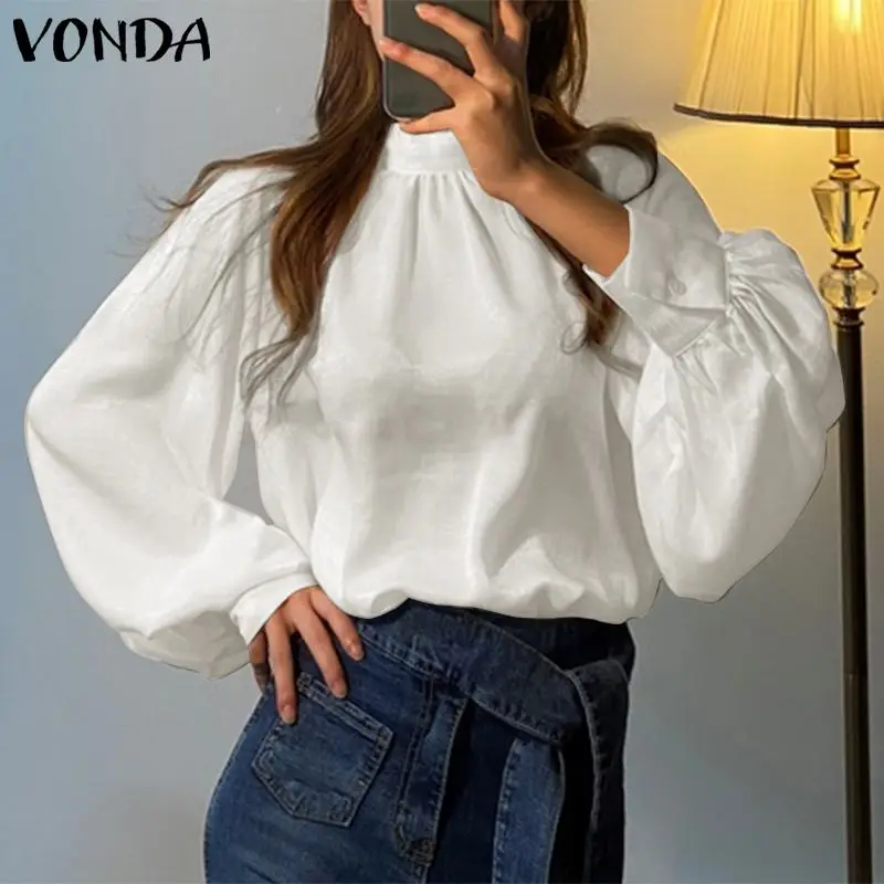 

Women Elegant Tops Office Ladies Blouse 2023 VONDA Sexy Long Sleeve Mock Neck Pleated Tops Blusas Femininas