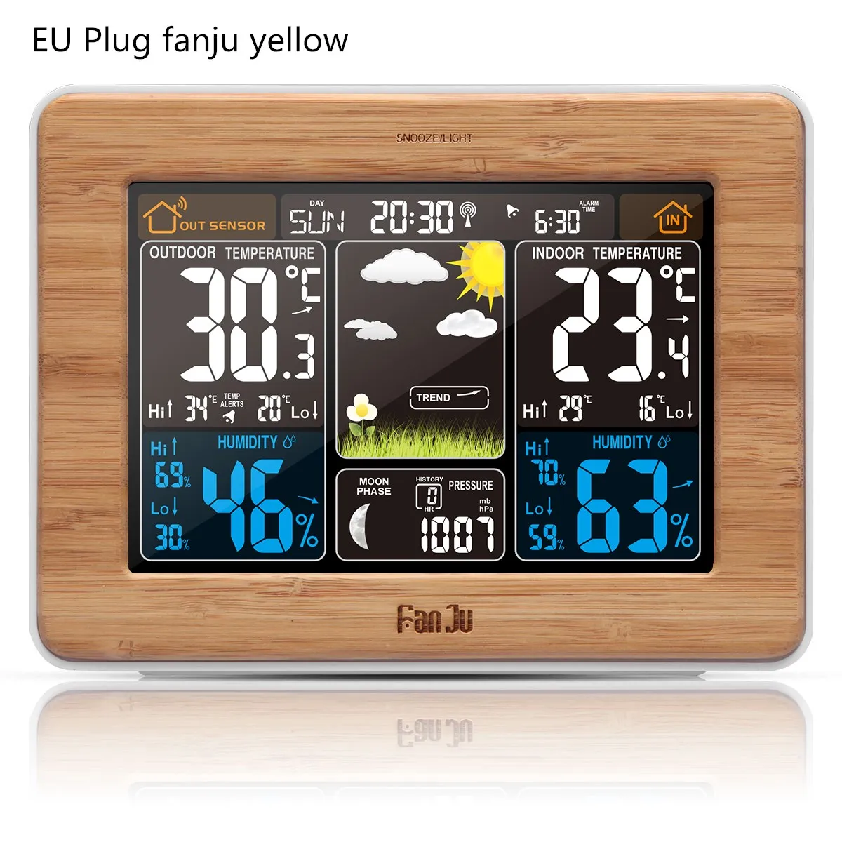 EU Plug fanju yellow USB цифровой будильник, датчик температуры и влажности, барометр, метеостанция, настольные часы - Цвет: EU Plug fanju yellow