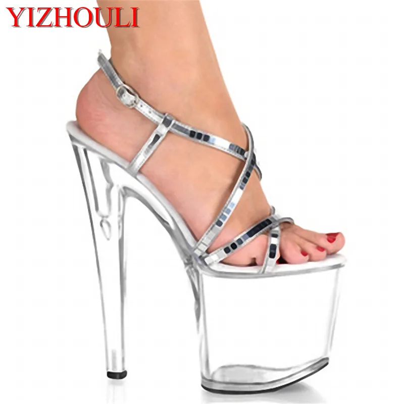 20cm plastic sandals, party transparent catwalk heels, pole dancing silver party, dancing shoes