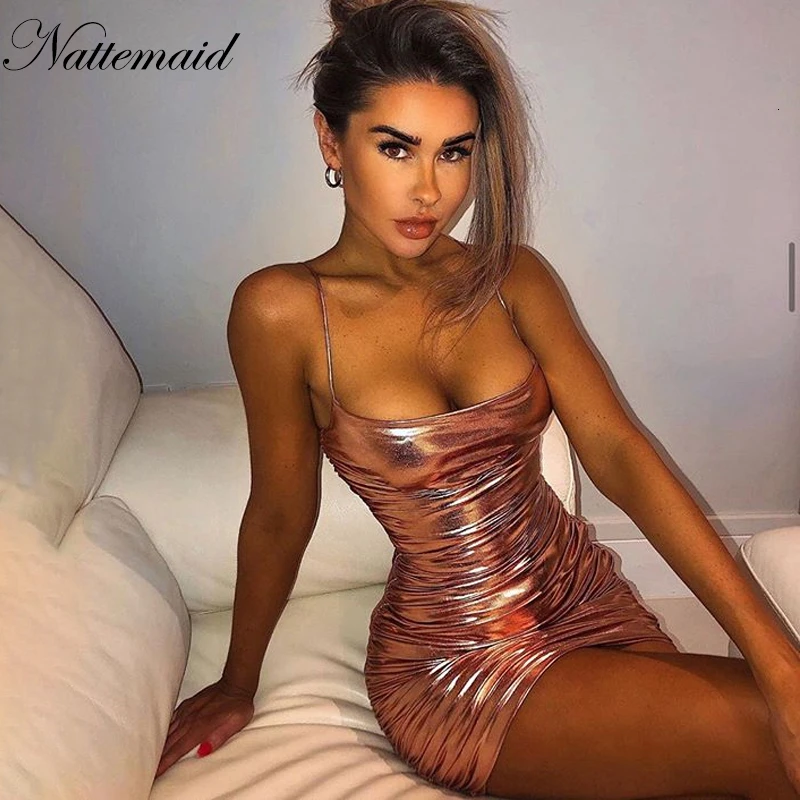Летнее Золотое Плиссированное сексуальное платье NATTEMAID на бретельках женское