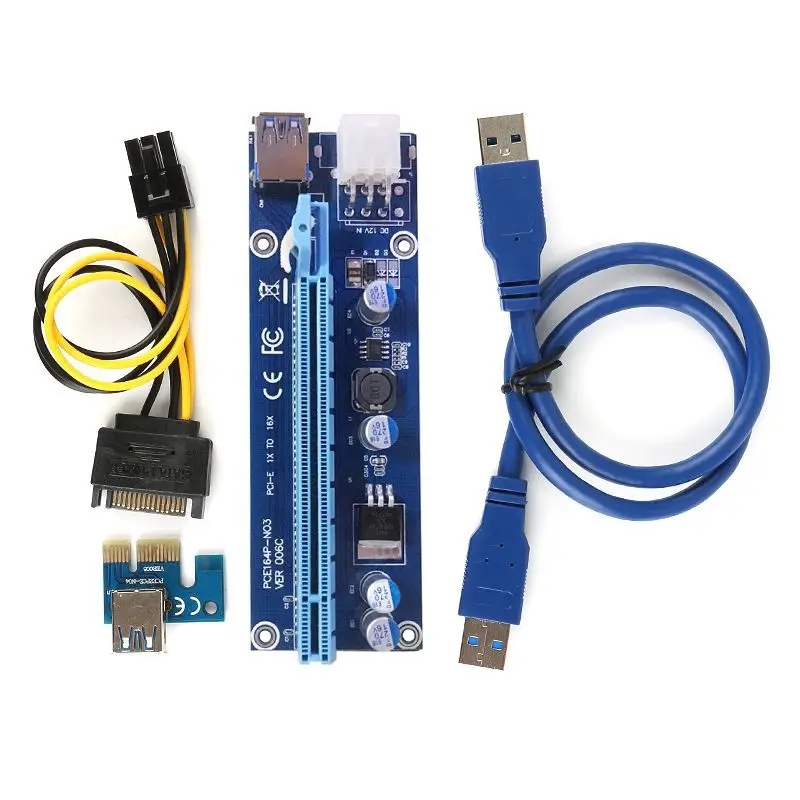 

100 шт., Райзер-карта VER006C PCI-E, PCI Express PCIE 1X до 16X, адаптер-удлинитель, 60 см, USB 3,0, кабель SATA на 6-контактный кабель питания