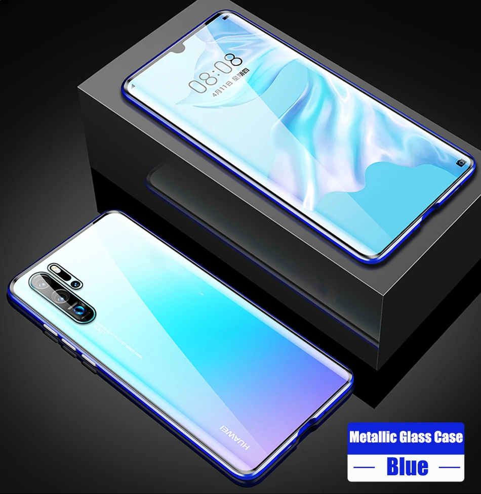 Магнитный абсорбционный металлический флип-чехол для huawei P30 P30Pro P30Lite, двухстороннее закаленное стекло для huawei P30 Pro, чехол