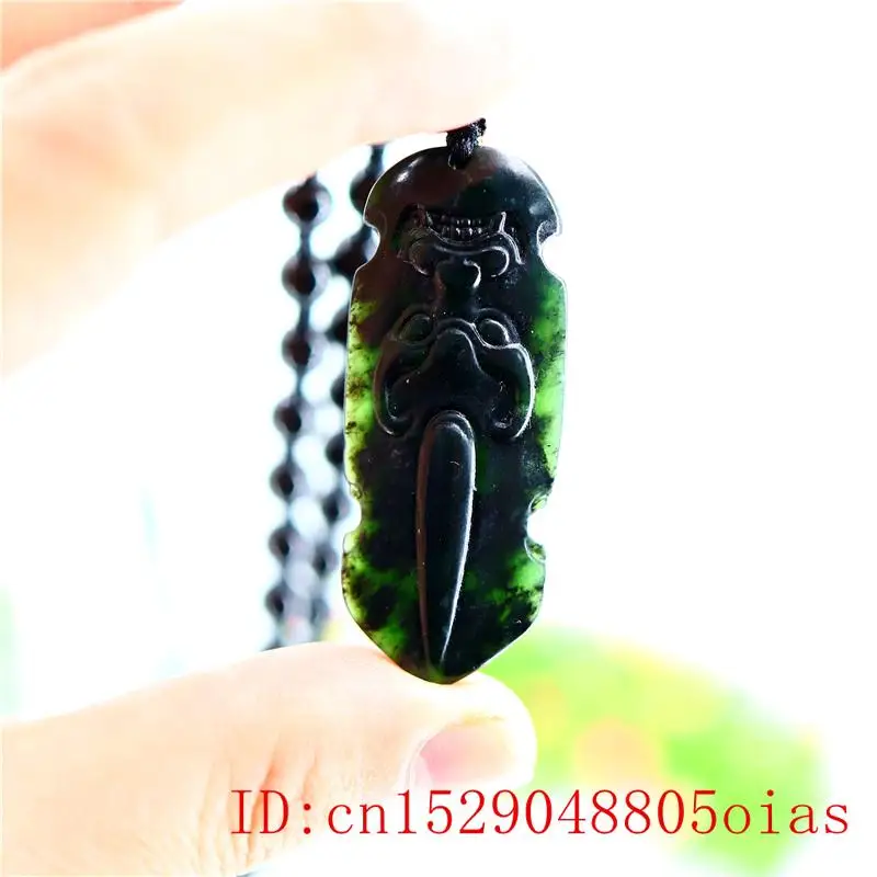 Нефритовое ожерелье с подвеской в форме руны резное очарование черный зеленый