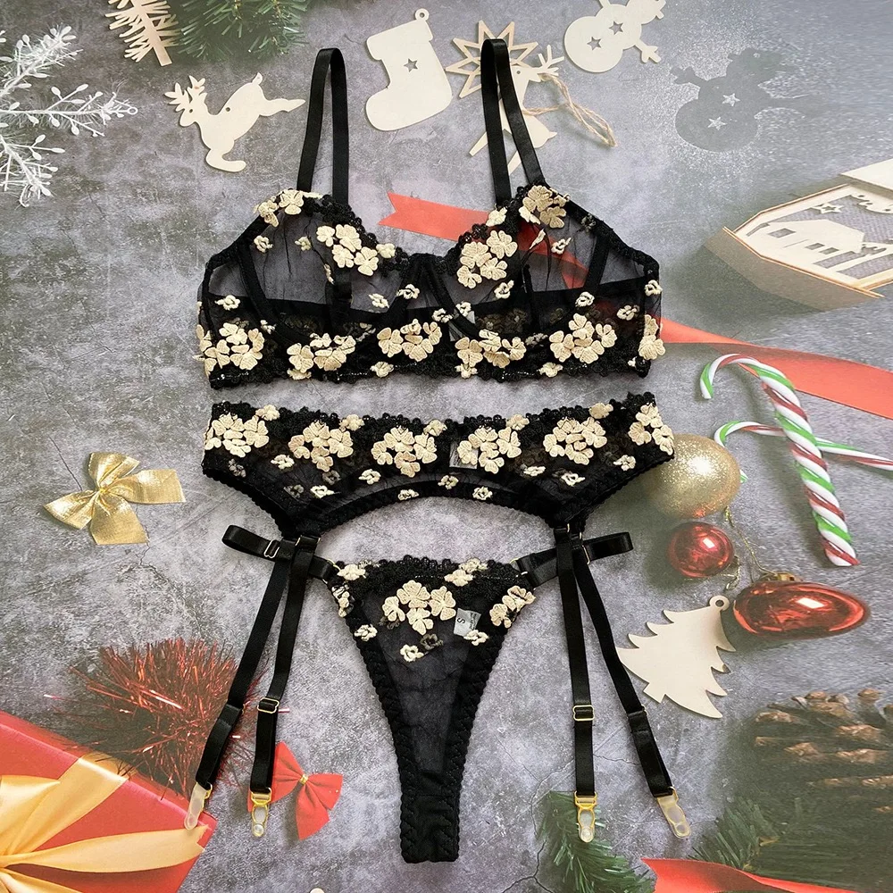 

Sexy lingerie women's new mini flower AliExpress explosive steel ring embroidery three-piece suit straight into perspective