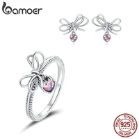 bamoer 925 sterling silver gift with bow earrings and finger rings for women jewelry sets fine jewelry accessories zhs216