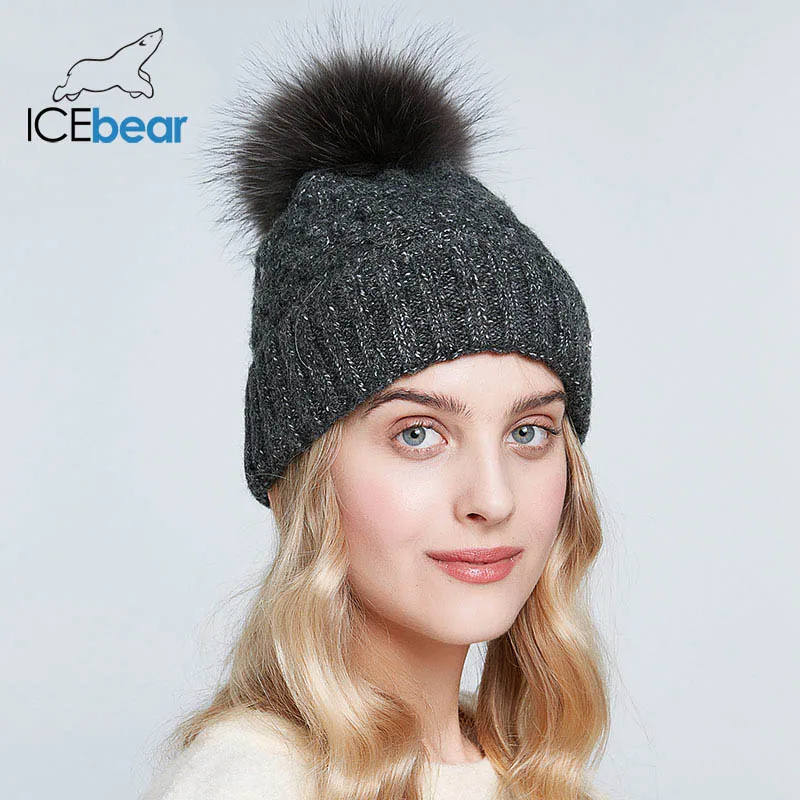 ICEbear зимние шапки для женщин натуральный мех помпон шапка теплые осенние вязаные