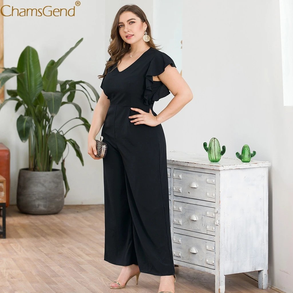 Женский комбинезон с короткими рукавами и v образным вырезом размера плюс черные