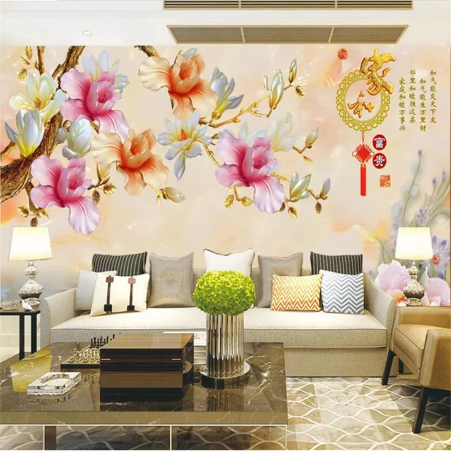 

Custom wallpaper 3d murals Chinese home and rich living room jade carving peony color carved magnolia TV background wall paper