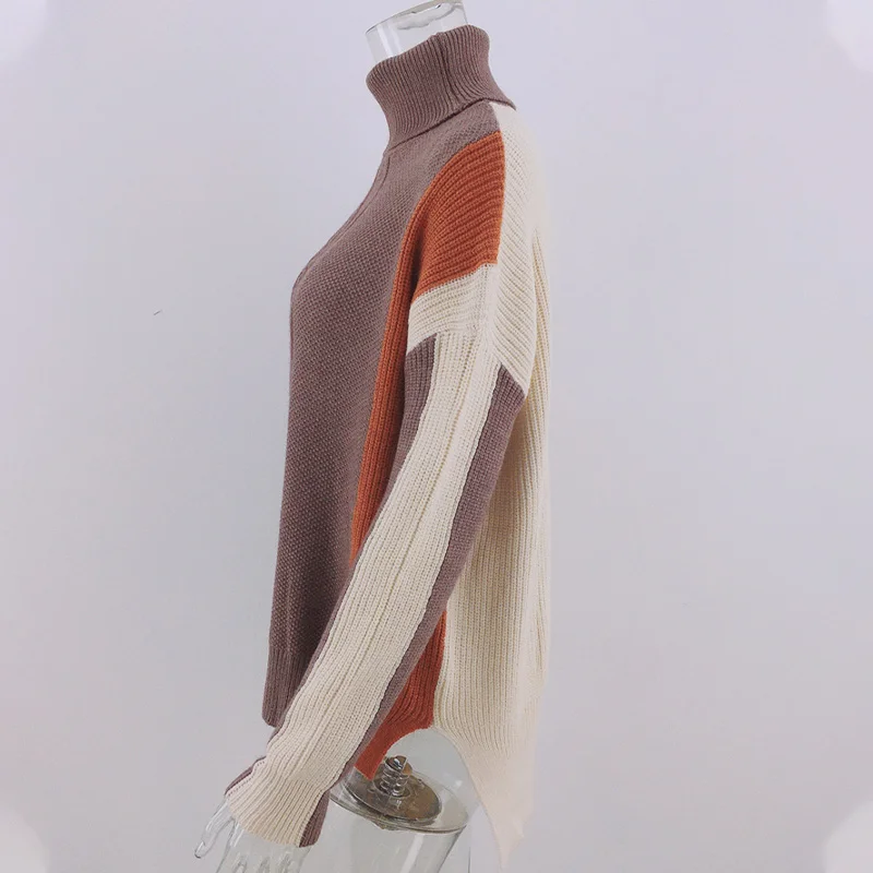 Женский Асимметричный вязаный свитер в стиле пэчворк водолазка с длинным
