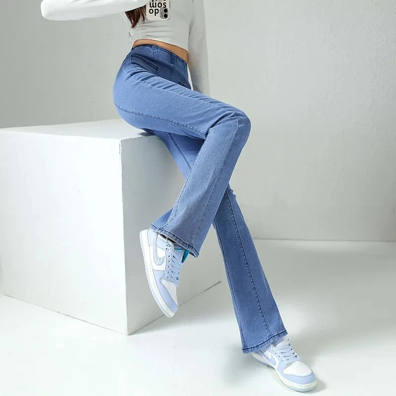 

Vintage Elastic Waist Jeans Female High Waist Stretch Casual Flare Pants New Skinny Denim Trousers Sexy Hip Hugger Women Jeans