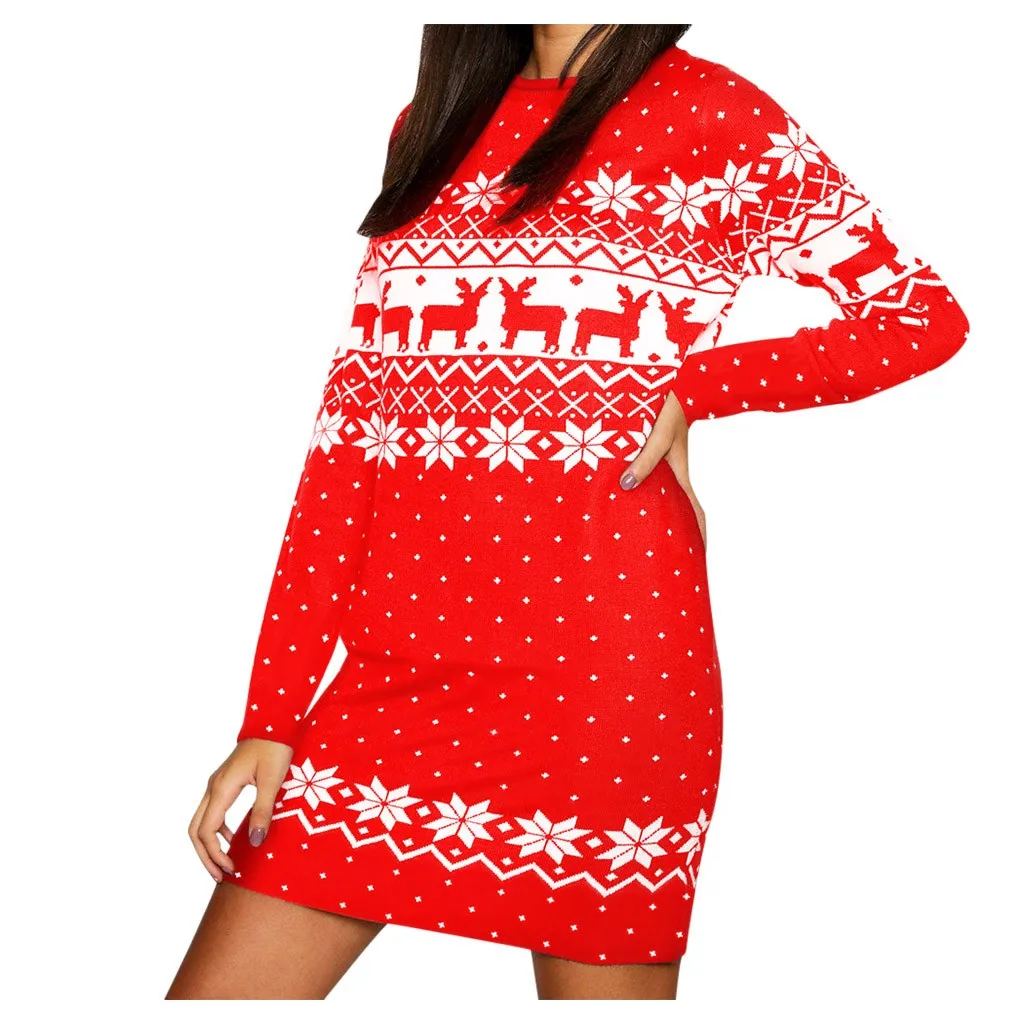 Red Vestidos ropa mujer, рождественское платье, женские толстовки с рождественским принтом, с длинным рукавом, снежинка, Мини платье для вечеринки, roupa feminina - Цвет: Red