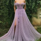 Сексуальное прозрачное платье с открытыми плечами из фиолетового тюля с жемчугом ТРАПЕЦИЕВИДНОЕ платье для выпускного вечера с разрезом спереди Сиреневое платье с бисером вечернее платье до пола